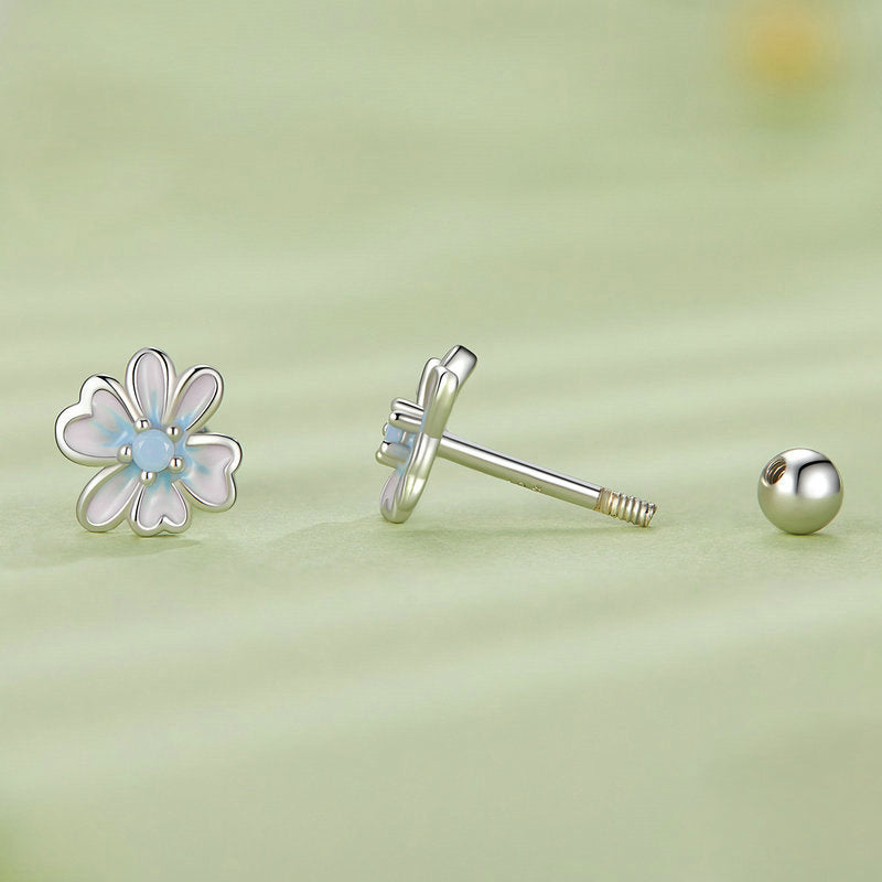 Small Fresh Pink Blue Flower Stud Earrings 925 Silver