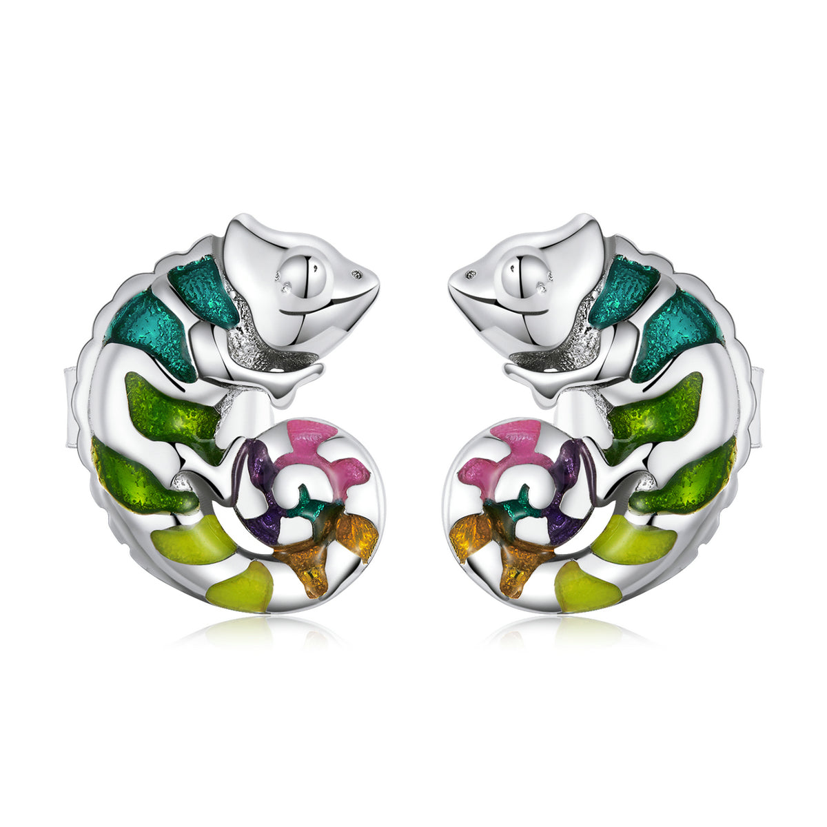 Colorful Chameleon Earrings 925 Sterling Silver Platinum Plated