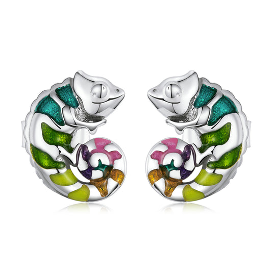 Colorful Chameleon Earrings 925 Sterling Silver Platinum Plated