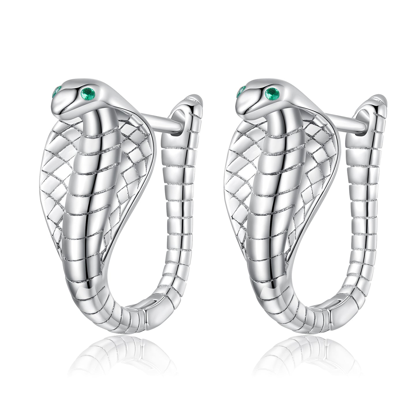 Cobra Snake Stud Earrings 925 Silver With Green Stone