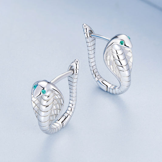 Cobra Snake Stud Earrings 925 Silver With Green Stone