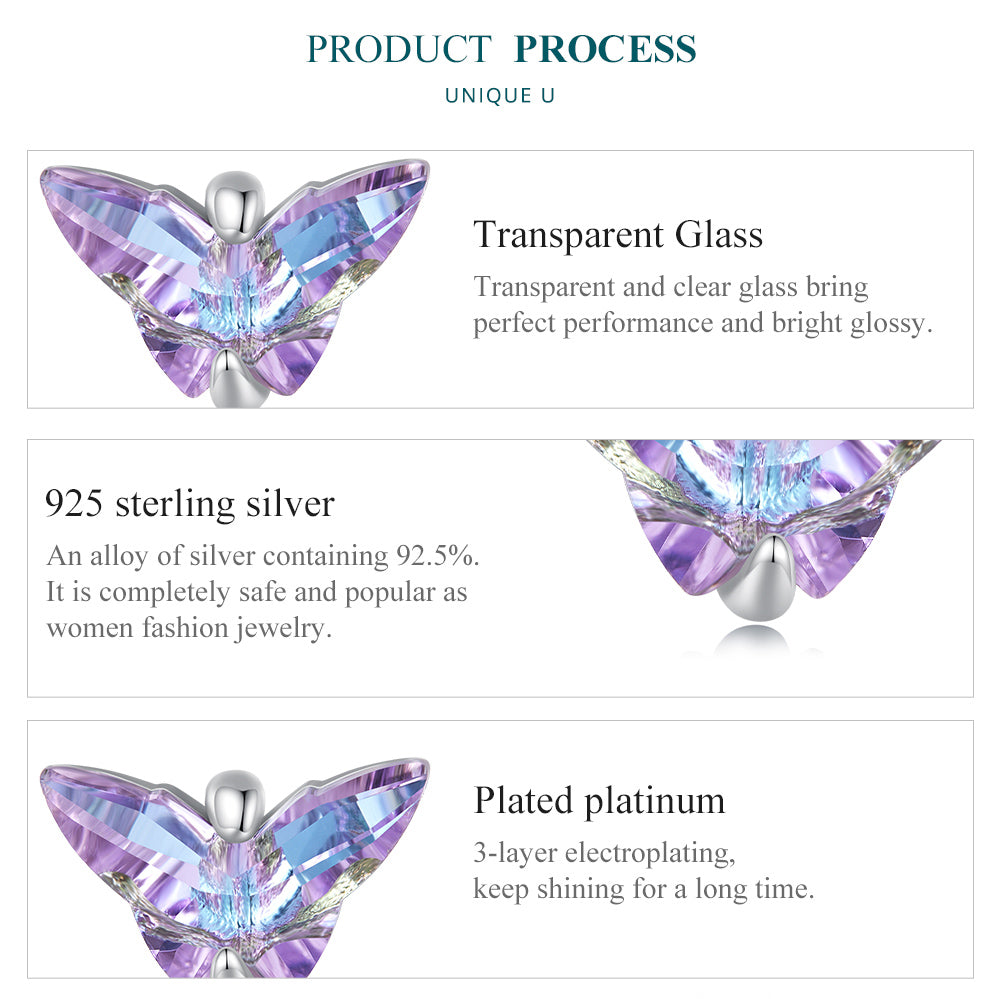 Butterfly Stud Earrings 925 Silver Colorful Glass