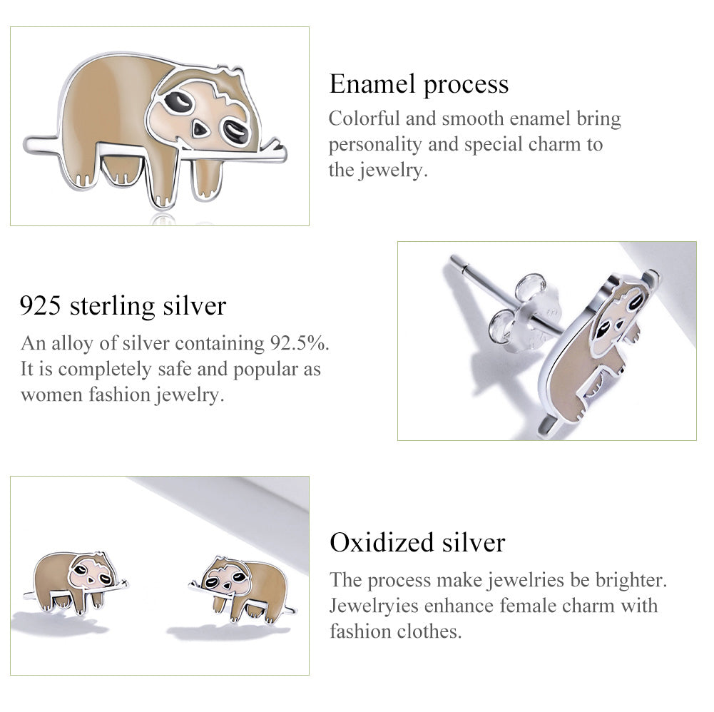 Stud Earrings Cute Sloth S925 Silver With Color Animal Collection