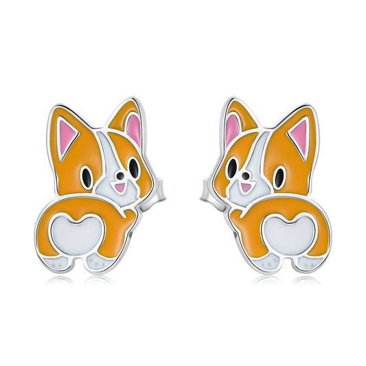 Stud Earrings Cute Corgi Dog S925 Silver Animal Collection