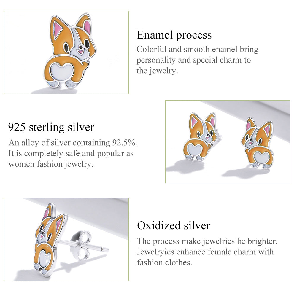 Stud Earrings Cute Corgi Dog S925 Silver Animal Collection