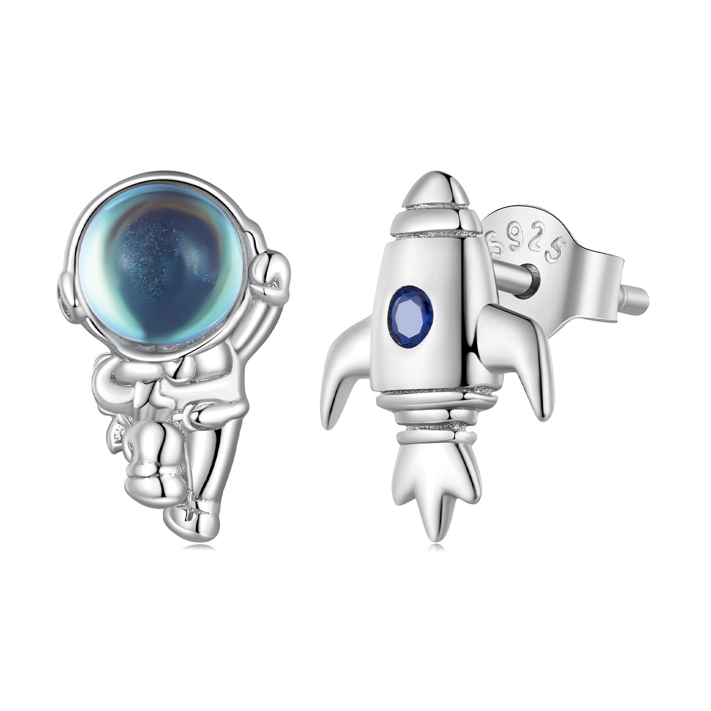 Astronaut and Rocket Asymmetrical Stud Earrings 925 Silver