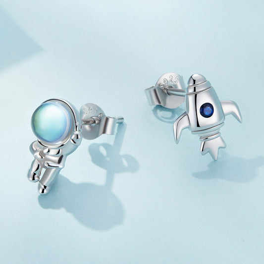 Astronaut and Rocket Asymmetrical Stud Earrings 925 Silver